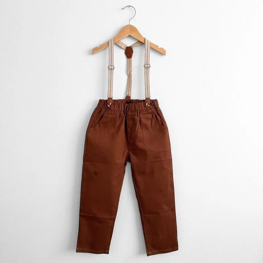 NWT Handsome Boys Dress Shirt, Bow Tie, Pants & Suspenders Set Tan & Brown 9-12M